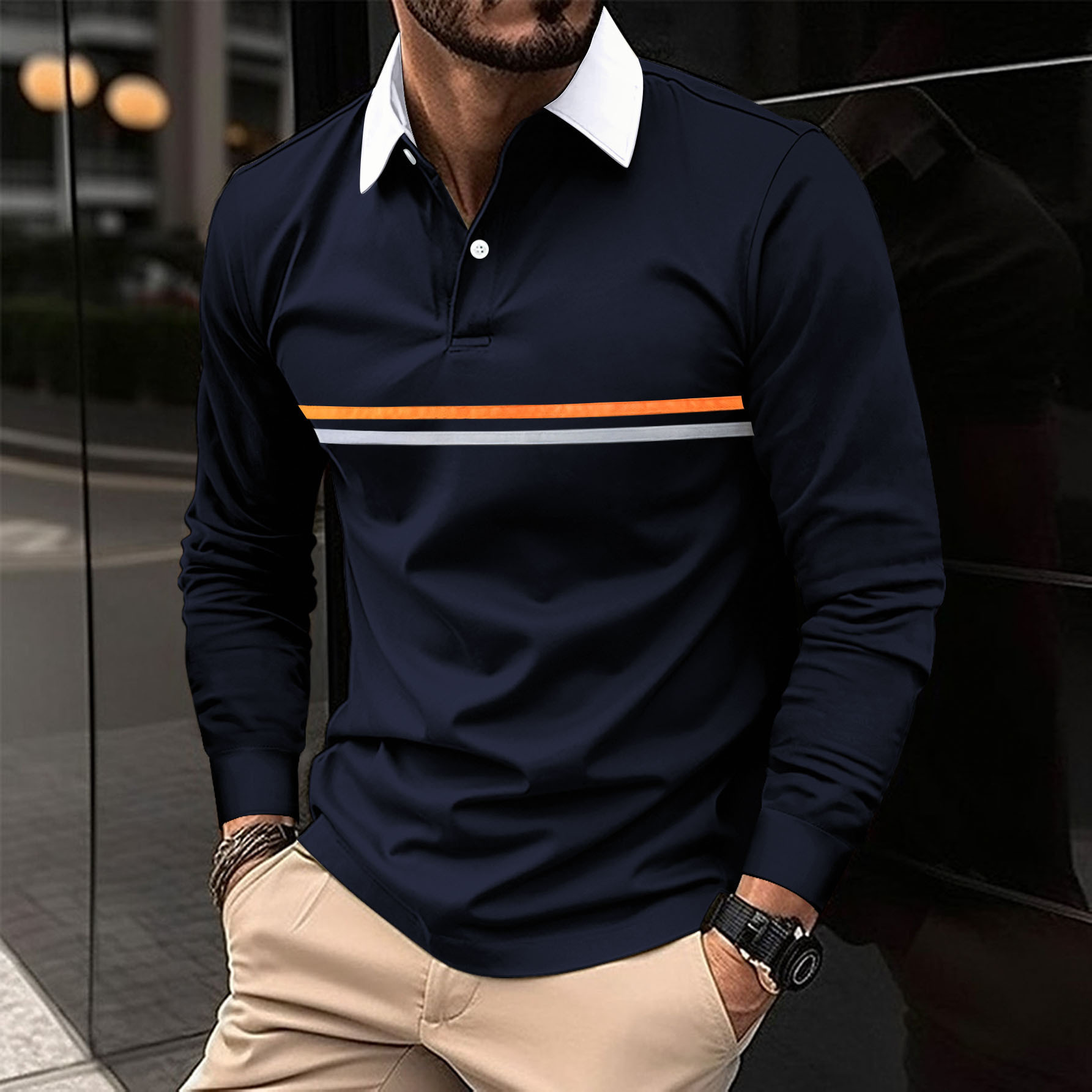 Button-down Long-sleeve Mens Sports Polo Shirt - Image 7