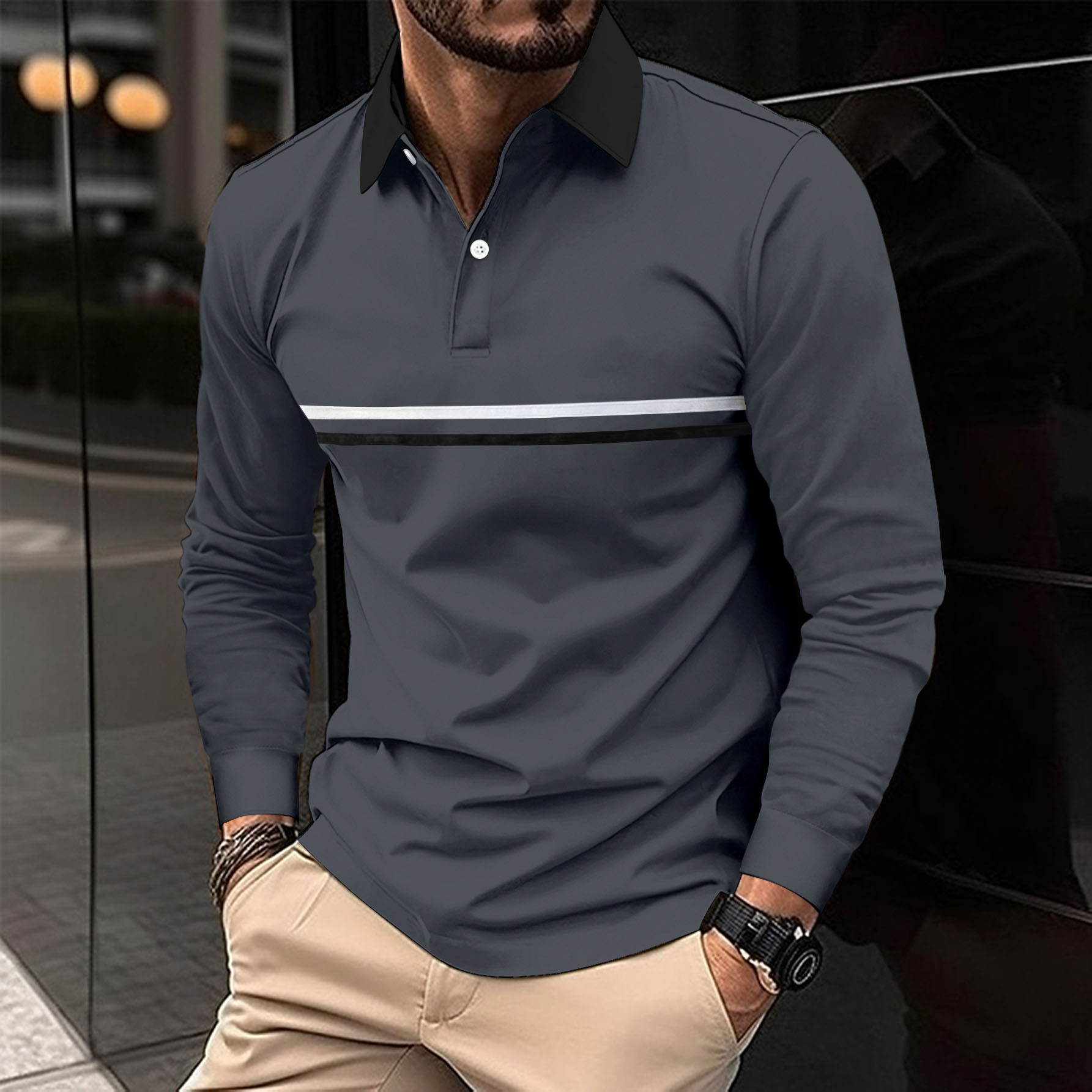 Button-down Long-sleeve Mens Sports Polo Shirt - Image 2