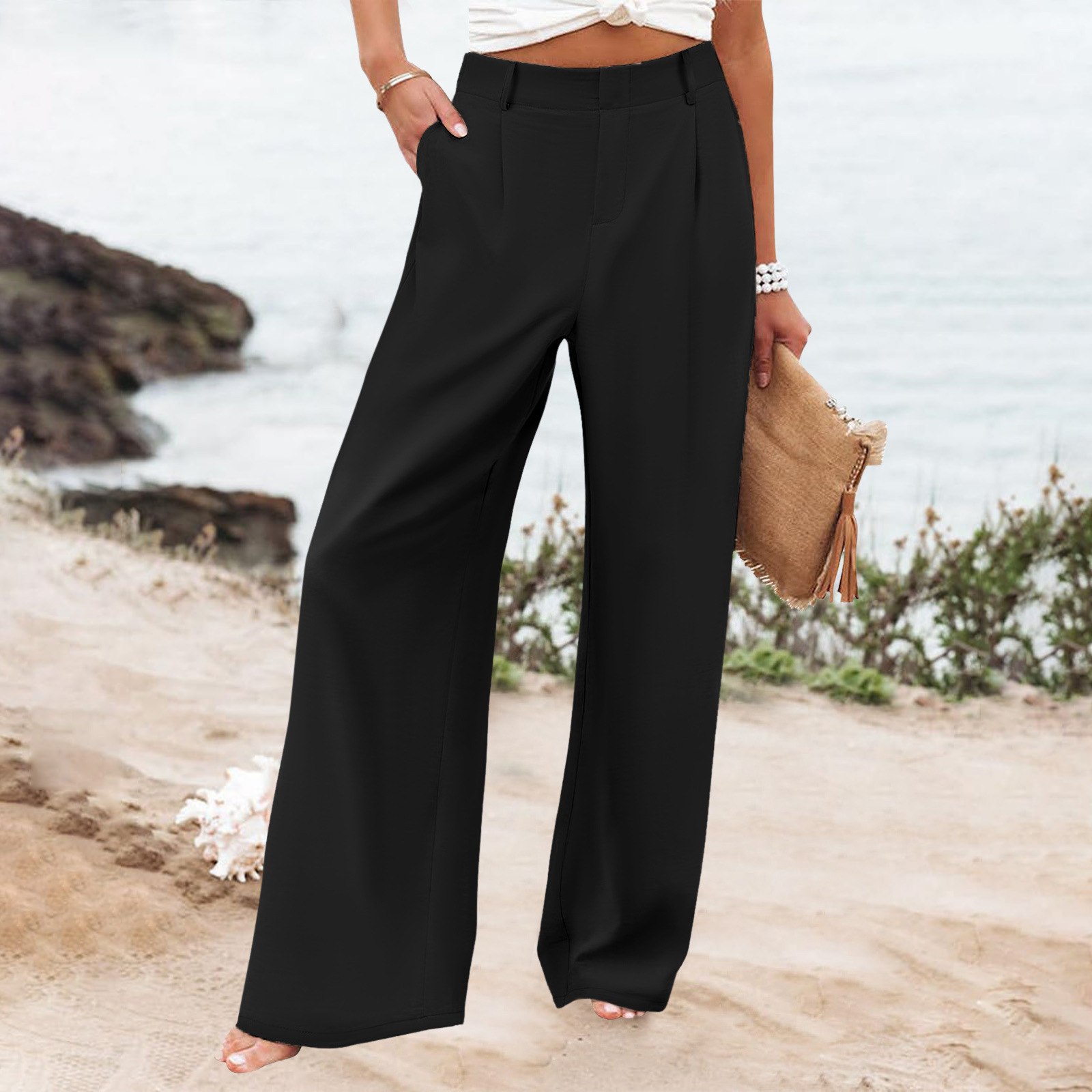 Womens Summer Fashion Loose Solid-color High-waisted Casual Pants Straight-leg Trousers - Image 7