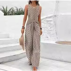 Womens Best-selling Waist-cinching Adjustable-lace-up Printed Jumpsuit - Image 3