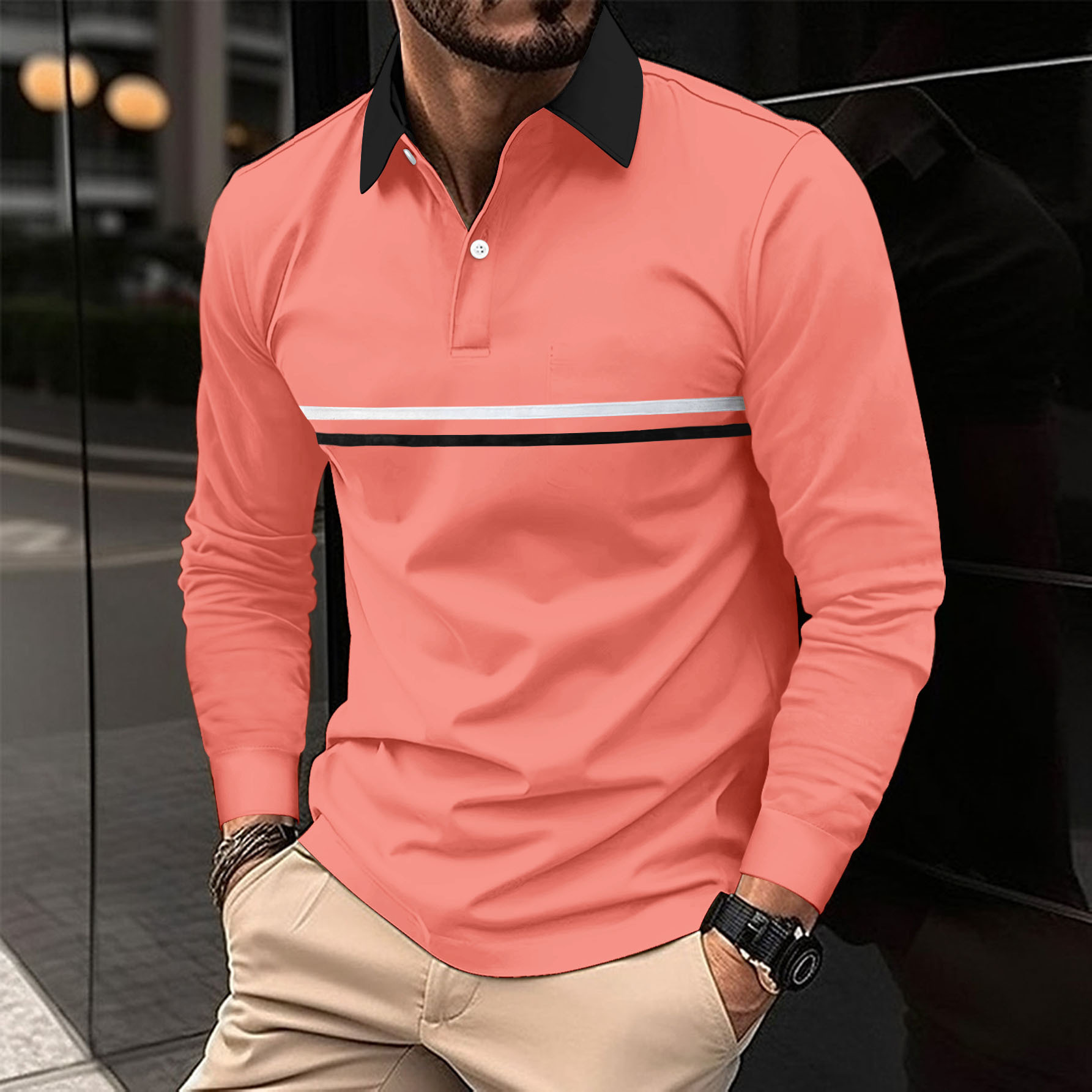 Button-down Long-sleeve Mens Sports Polo Shirt - Image 3
