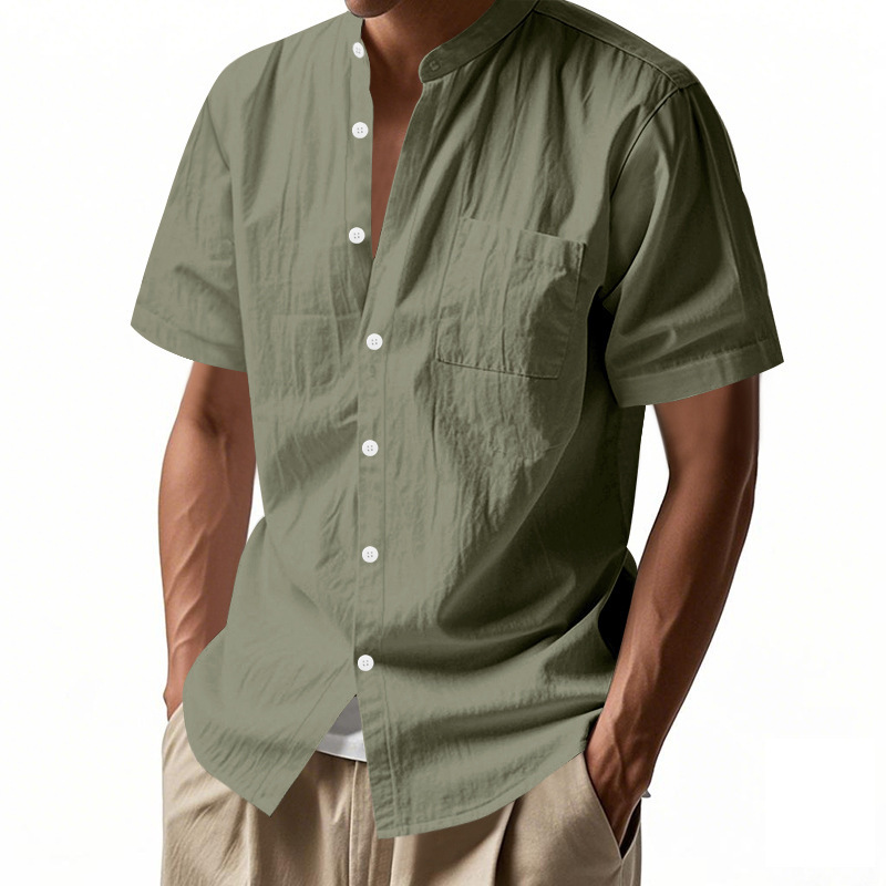 Solid-color Casual Stand-collar Beach Short-sleeve Shirt For Men - Image 10