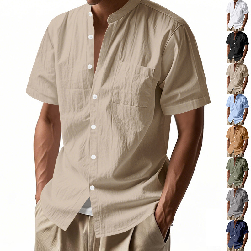 Solid-color Casual Stand-collar Beach Short-sleeve Shirt For Men